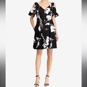 Lauren Ralph Lauren black white floral fit and flare cotton dress Sz 4